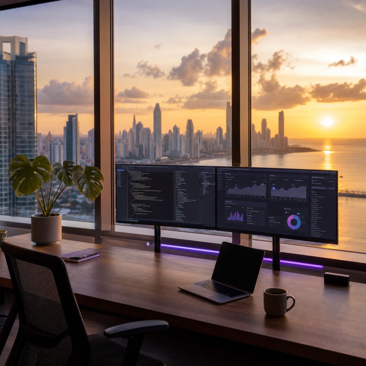 Panama HQ workspace at sunset