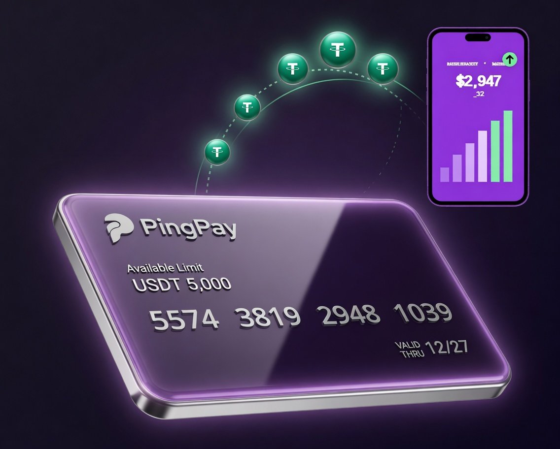 Top up · USDT into PingPay card & balance growing