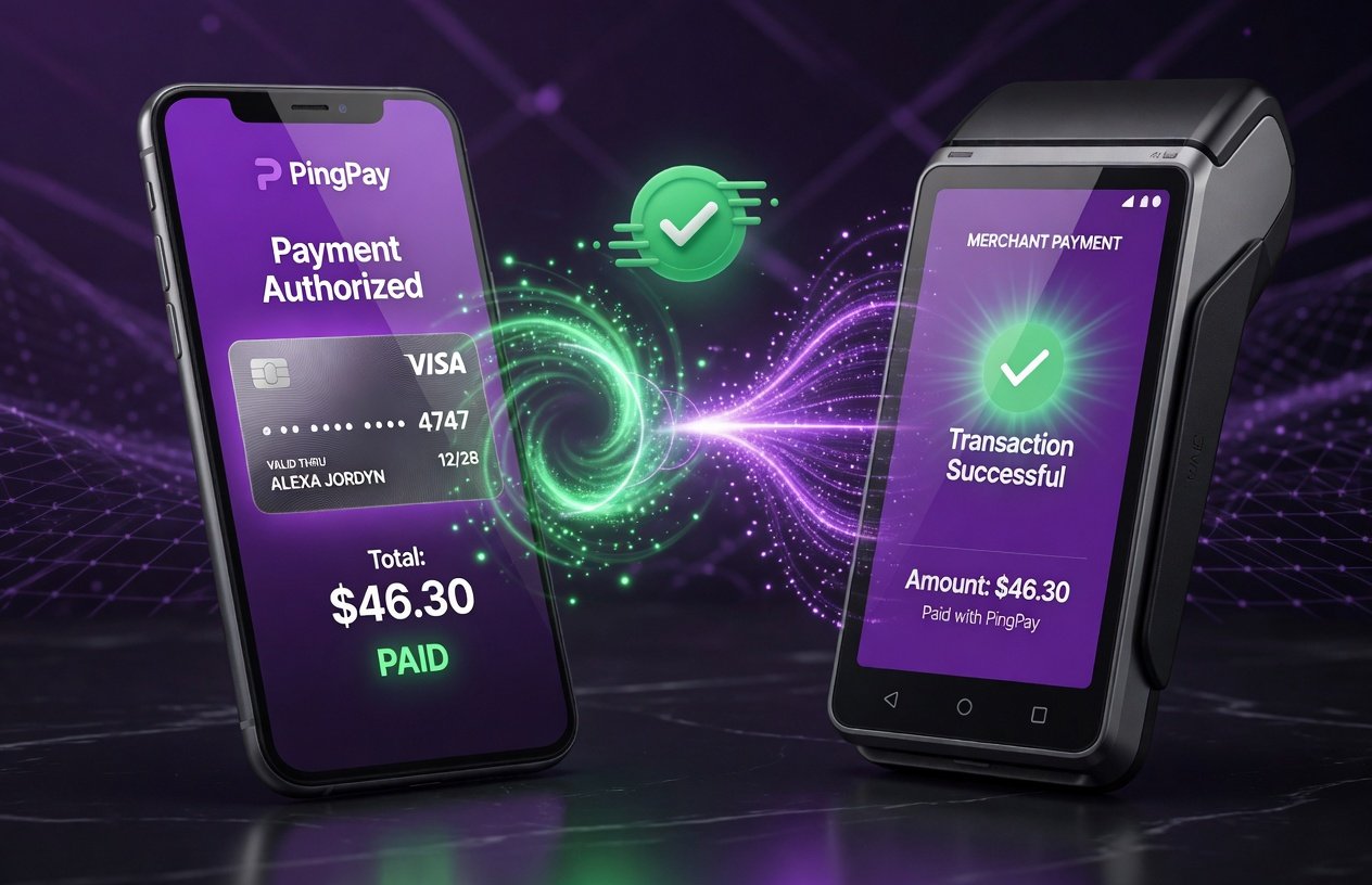Pay · PingPay phone authorizing payment to POS